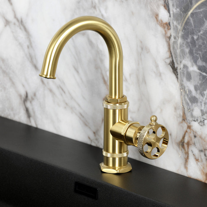 Kingston Sona KSD2217RKX - Webb One-Handle 1-Hole Bathroom Faucet with Knurled Handle, Deck Plate, and Push Pop-Up Drain, Brushed Brass