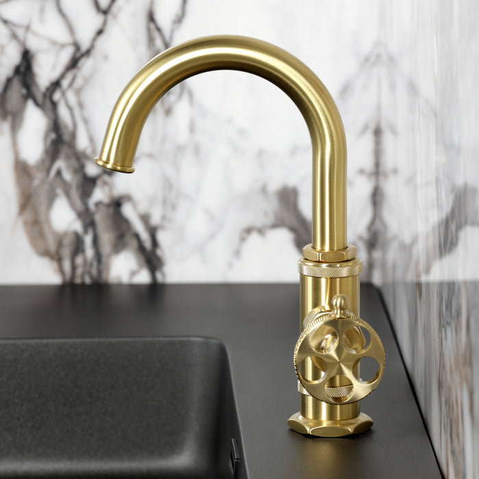 Kingston Sona KSD2217RKX - Webb One-Handle 1-Hole Bathroom Faucet with Knurled Handle, Deck Plate, and Push Pop-Up Drain, Brushed Brass