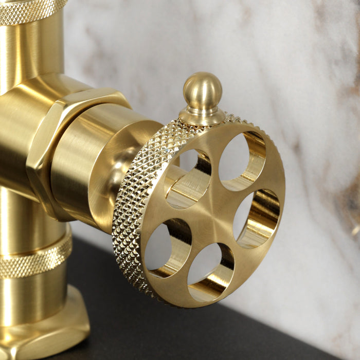 Kingston Sona KSD2217RKX - Webb One-Handle 1-Hole Bathroom Faucet with Knurled Handle, Deck Plate, and Push Pop-Up Drain, Brushed Brass