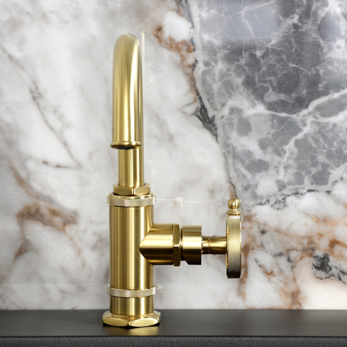Kingston Sona KSD2217RKZ - Wendell One-Handle 1-Hole Bathroom Faucet with Knurled Handle, Deck Plate, and Push Pop-Up Drain, Brushed Brass