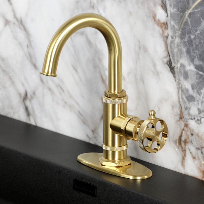 Kingston Sona KSD2217RKZ - Wendell One-Handle 1-Hole Bathroom Faucet with Knurled Handle, Deck Plate, and Push Pop-Up Drain, Brushed Brass
