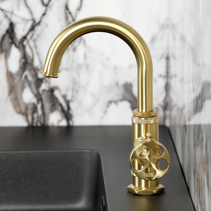 Kingston Sona KSD2217RKZ - Wendell One-Handle 1-Hole Bathroom Faucet with Knurled Handle, Deck Plate, and Push Pop-Up Drain, Brushed Brass