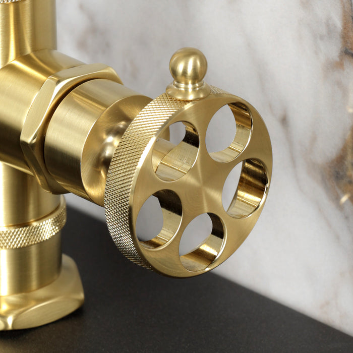 Kingston Sona KSD2217RKZ - Wendell One-Handle 1-Hole Bathroom Faucet with Knurled Handle, Deck Plate, and Push Pop-Up Drain, Brushed Brass