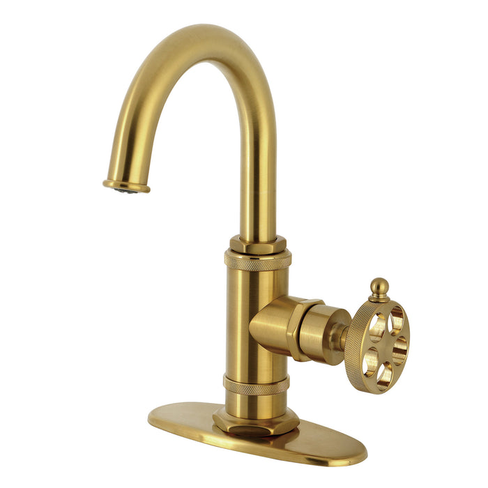Kingston Sona KSD2217RKZ - Wendell One-Handle 1-Hole Bathroom Faucet with Knurled Handle, Deck Plate, and Push Pop-Up Drain, Brushed Brass