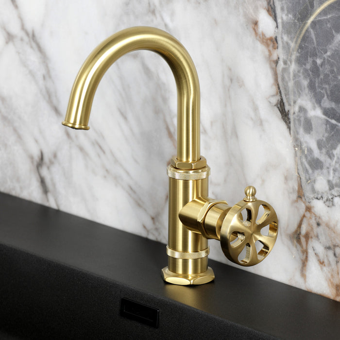 Kingston Sona KSD2217RX - Belknap One-Handle 1-Hole Bathroom Faucet with Deck Plate and Push Pop-Up Drain, Brushed Brass