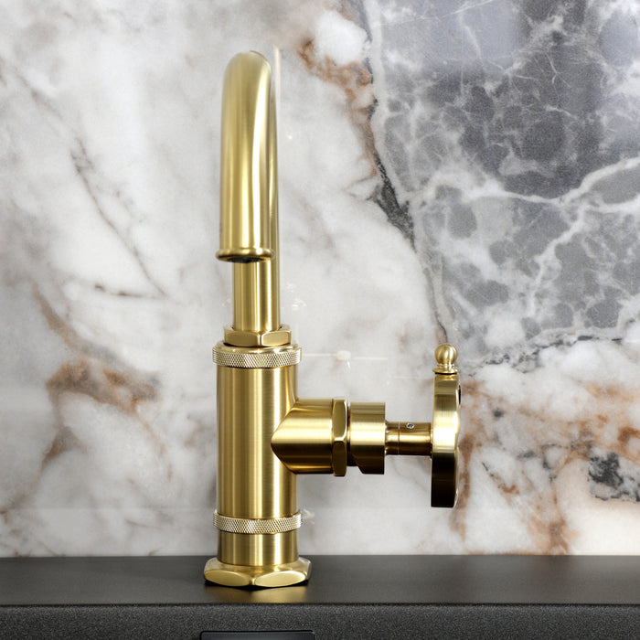 Kingston Sona KSD2217RX - Belknap One-Handle 1-Hole Bathroom Faucet with Deck Plate and Push Pop-Up Drain, Brushed Brass
