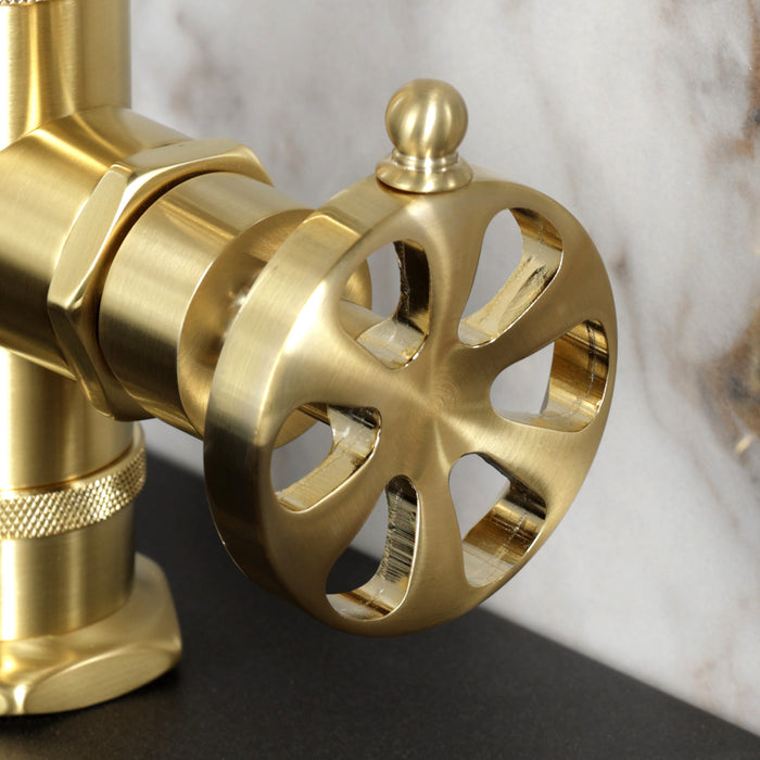 Kingston Sona KSD2217RX - Belknap One-Handle 1-Hole Bathroom Faucet with Deck Plate and Push Pop-Up Drain, Brushed Brass