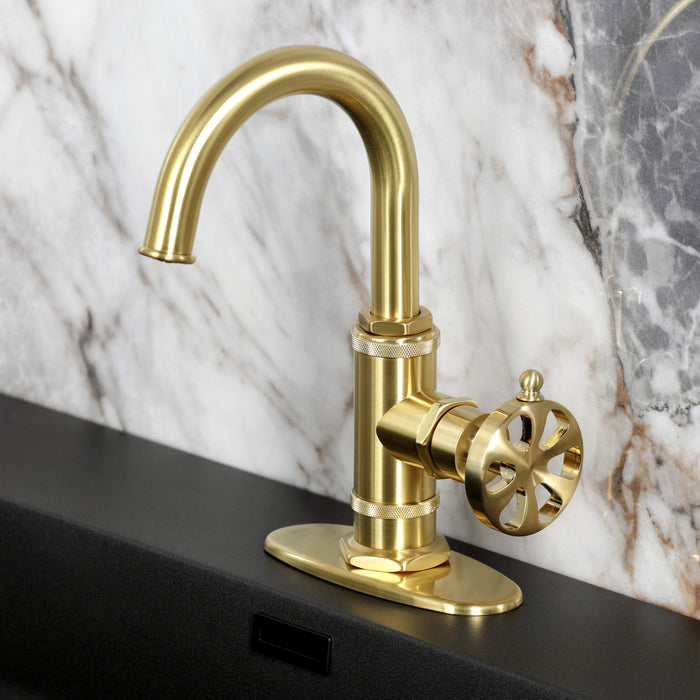 Kingston Sona KSD2217RX - Belknap One-Handle 1-Hole Bathroom Faucet with Deck Plate and Push Pop-Up Drain, Brushed Brass