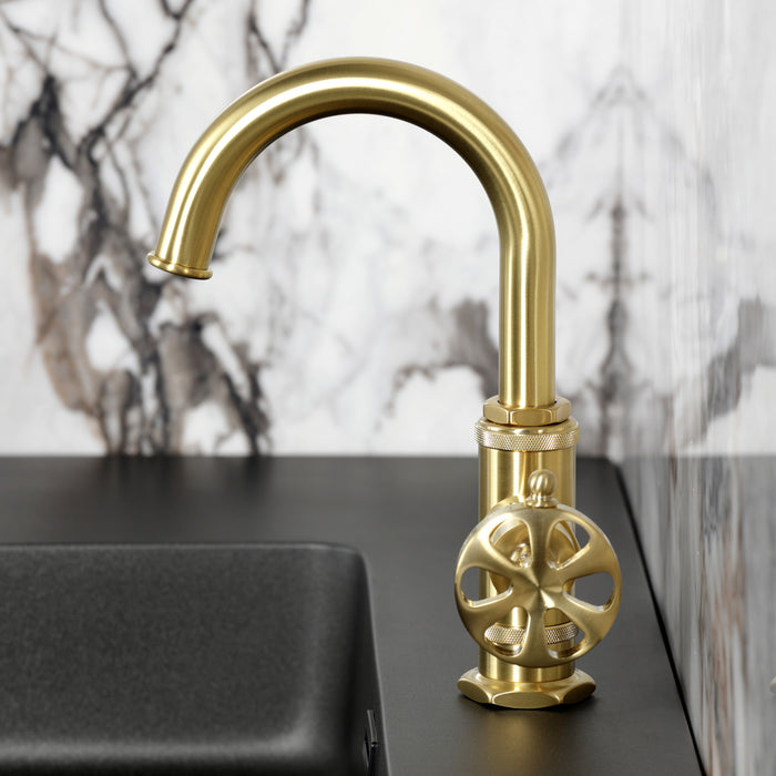 Kingston Sona KSD2217RX - Belknap One-Handle 1-Hole Bathroom Faucet with Deck Plate and Push Pop-Up Drain, Brushed Brass