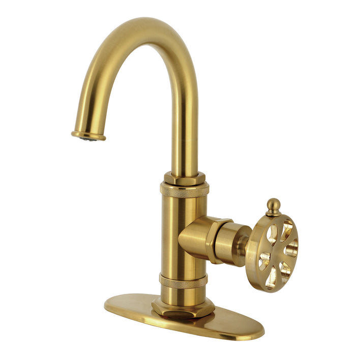 Kingston Sona KSD2217RX - Belknap One-Handle 1-Hole Bathroom Faucet with Deck Plate and Push Pop-Up Drain, Brushed Brass