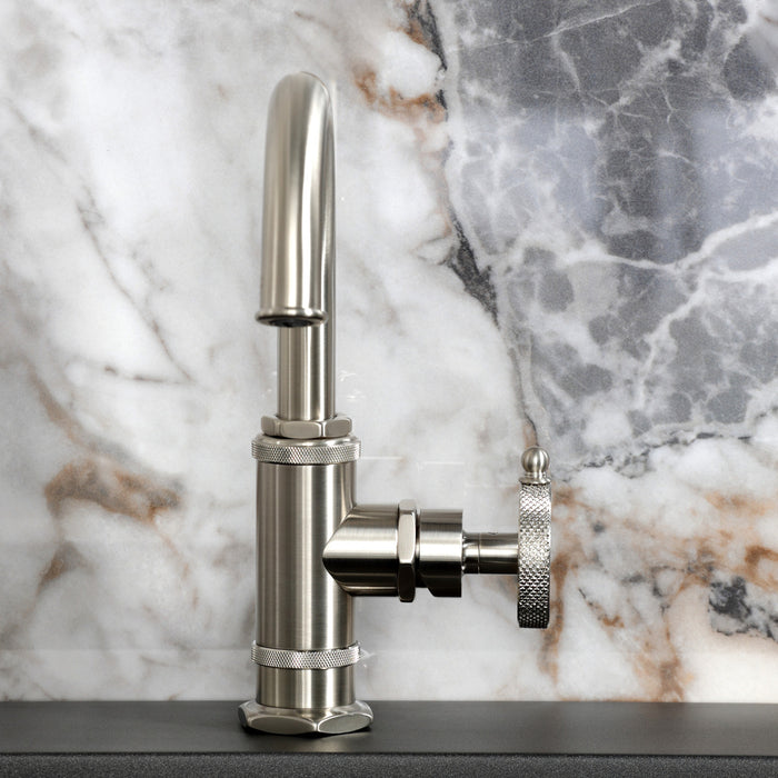 Kingston Sona KSD2218RKX - Webb One-Handle 1-Hole Bathroom Faucet with Knurled Handle, Deck Plate, and Push Pop-Up Drain, Brushed Nickel