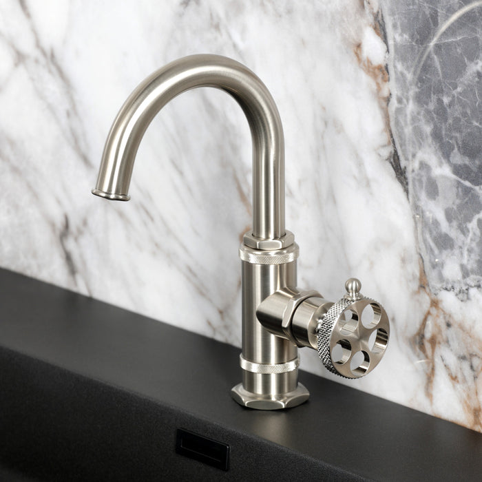 Kingston Sona KSD2218RKX - Webb One-Handle 1-Hole Bathroom Faucet with Knurled Handle, Deck Plate, and Push Pop-Up Drain, Brushed Nickel