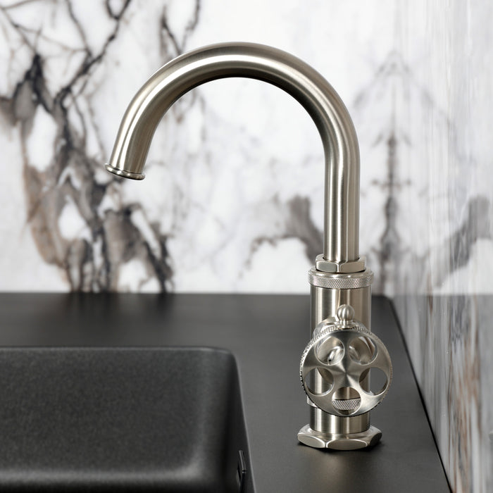 Kingston Sona KSD2218RKX - Webb One-Handle 1-Hole Bathroom Faucet with Knurled Handle, Deck Plate, and Push Pop-Up Drain, Brushed Nickel