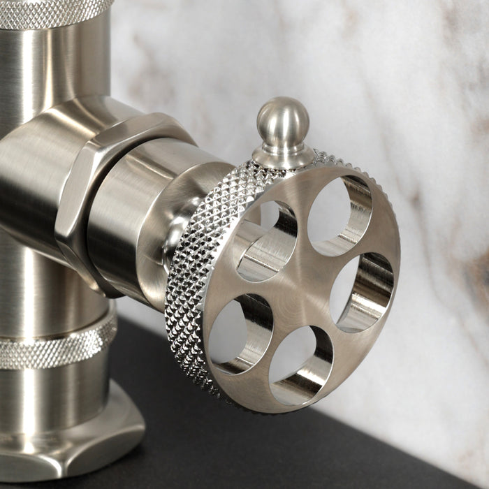 Kingston Sona KSD2218RKX - Webb One-Handle 1-Hole Bathroom Faucet with Knurled Handle, Deck Plate, and Push Pop-Up Drain, Brushed Nickel