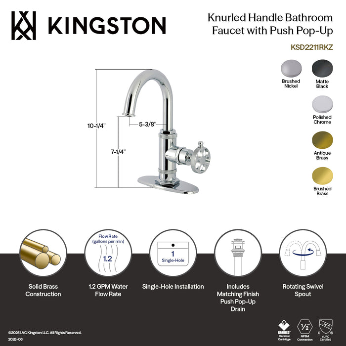 Kingston Sona KSD2218RKZ - Wendell One-Handle 1-Hole Bathroom Faucet with Knurled Handle, Deck Plate, and Push Pop-Up Drain, Brushed Nickel
