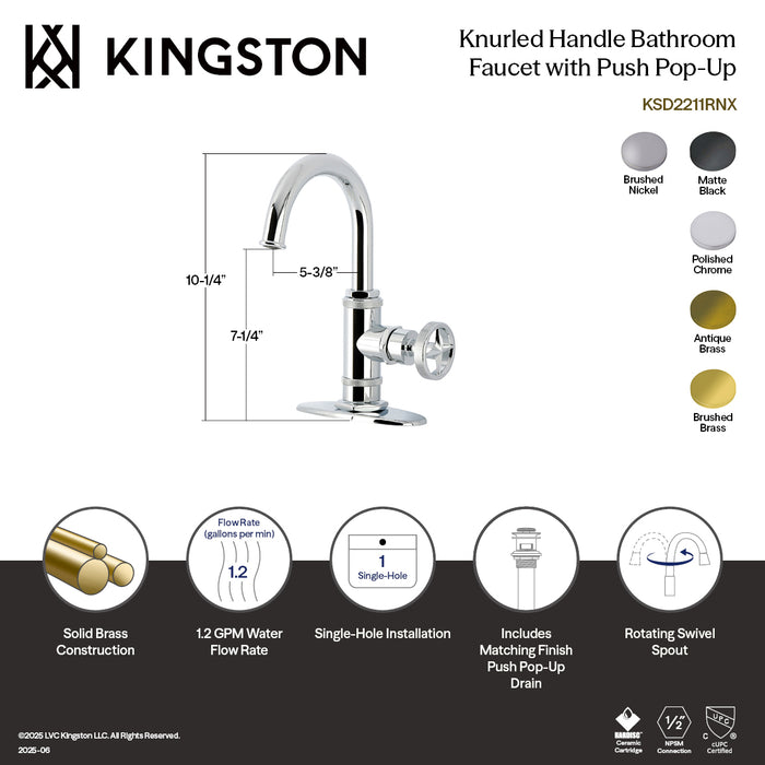 Kingston Sona KSD2218RNX - Ostro One-Handle 1-Hole Bathroom Faucet with Deck Plate and Push Pop-Up Drain, Brushed Nickel