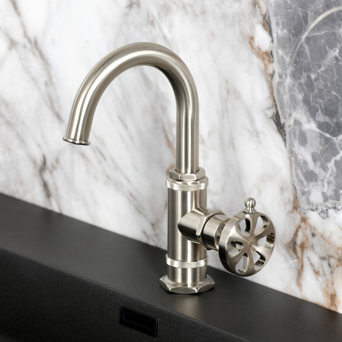 Kingston Sona KSD2218RX - Belknap One-Handle 1-Hole Bathroom Faucet with Deck Plate and Push Pop-Up Drain, Brushed Nickel
