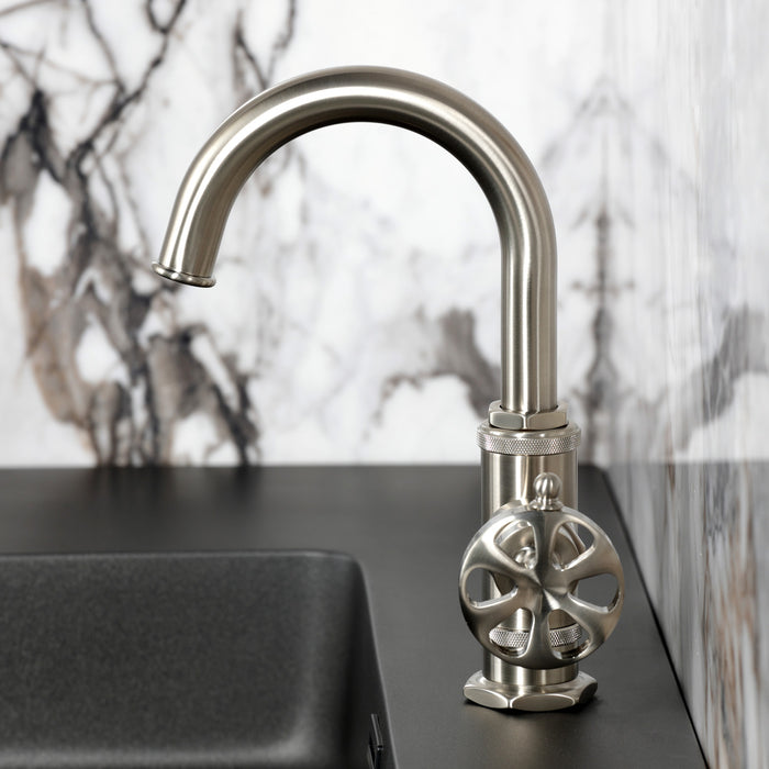 Kingston Sona KSD2218RX - Belknap One-Handle 1-Hole Bathroom Faucet with Deck Plate and Push Pop-Up Drain, Brushed Nickel