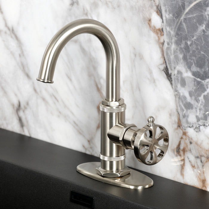 Kingston Sona KSD2218RX - Belknap One-Handle 1-Hole Bathroom Faucet with Deck Plate and Push Pop-Up Drain, Brushed Nickel