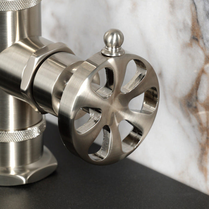 Kingston Sona KSD2218RX - Belknap One-Handle 1-Hole Bathroom Faucet with Deck Plate and Push Pop-Up Drain, Brushed Nickel