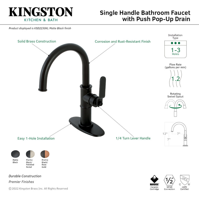 Kingston Sona KSD2230KL - Whitaker One-Handle 1-Hole Bathroom Faucet with Deck Plate and Push Pop-Up Drain, Matte Black