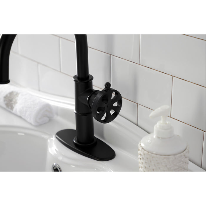 Kingston Sona KSD2230RX - Belknap One-Handle 1-Hole Bathroom Faucet with Deck Plate and Push Pop-Up Drain, Matte Black