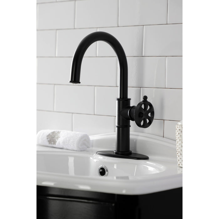 Kingston Sona KSD2230RX - Belknap One-Handle 1-Hole Bathroom Faucet with Deck Plate and Push Pop-Up Drain, Matte Black