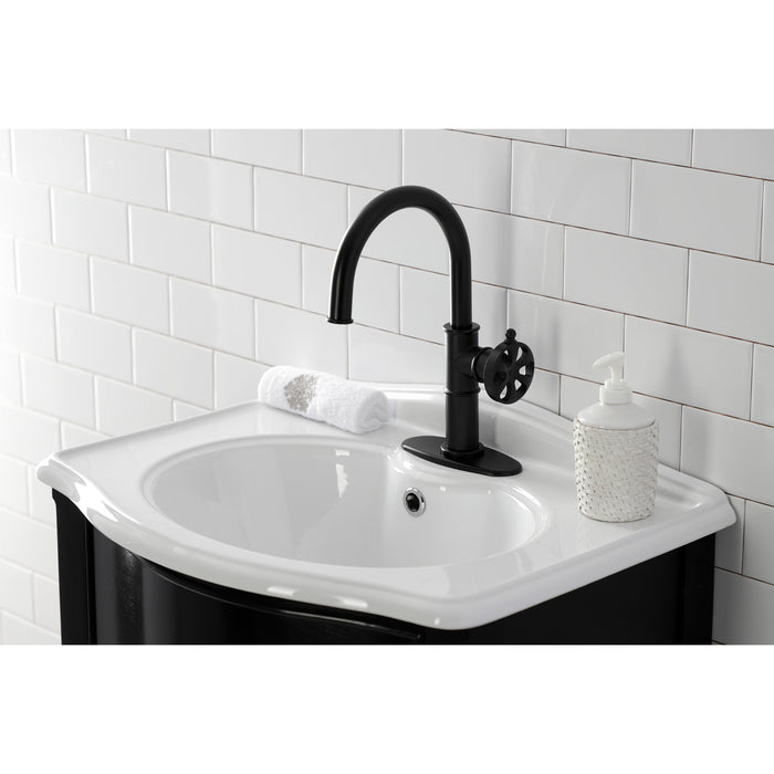 Kingston Sona KSD2230RX - Belknap One-Handle 1-Hole Bathroom Faucet with Deck Plate and Push Pop-Up Drain, Matte Black