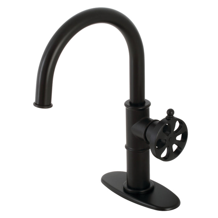 Kingston Sona KSD2230RX - Belknap One-Handle 1-Hole Bathroom Faucet with Deck Plate and Push Pop-Up Drain, Matte Black