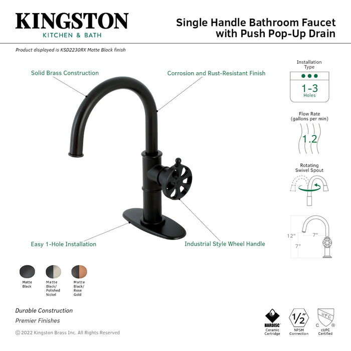 Kingston Sona KSD2237RX - Belknap One-Handle 1-Hole Bathroom Faucet with Deck Plate and Push Pop-Up Drain, Matte Black/Rose Gold