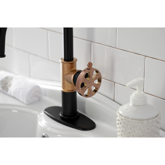 Kingston Sona KSD2237RX - Belknap One-Handle 1-Hole Bathroom Faucet with Deck Plate and Push Pop-Up Drain, Matte Black/Rose Gold
