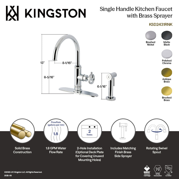 Kingston Sona KSD2433RNK - Levante Single-Handle 2-Hole Deck Mount Kitchen Faucet, Antique Brass