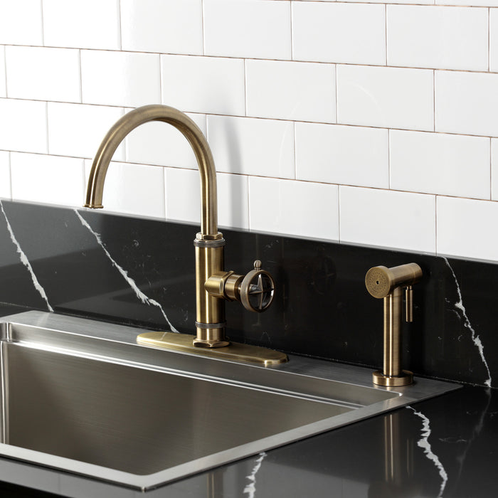 Kingston Sona KSD2433RNK - Levante Single-Handle 2-Hole Deck Mount Kitchen Faucet, Antique Brass