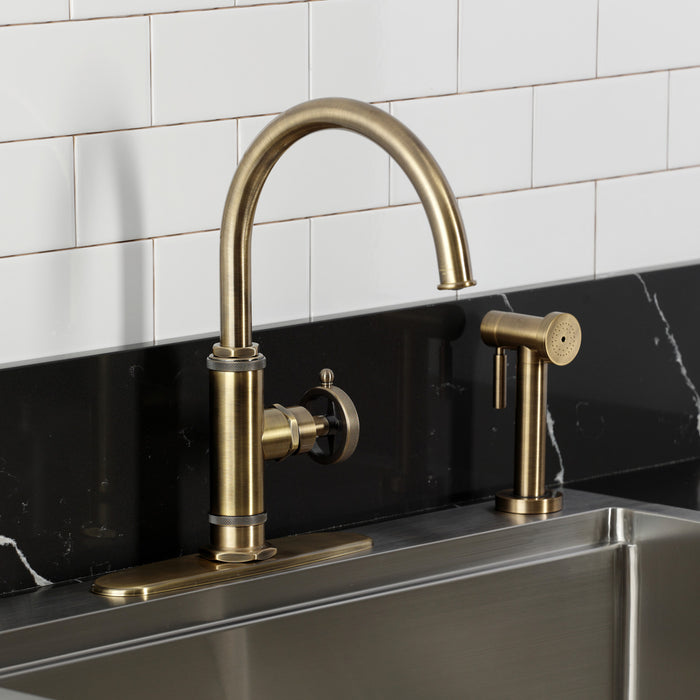 Kingston Sona KSD2433RNK - Levante Single-Handle 2-Hole Deck Mount Kitchen Faucet, Antique Brass