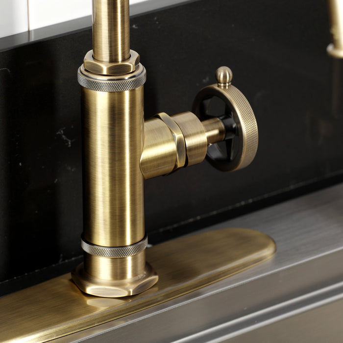 Kingston Sona KSD2433RNK - Levante Single-Handle 2-Hole Deck Mount Kitchen Faucet, Antique Brass