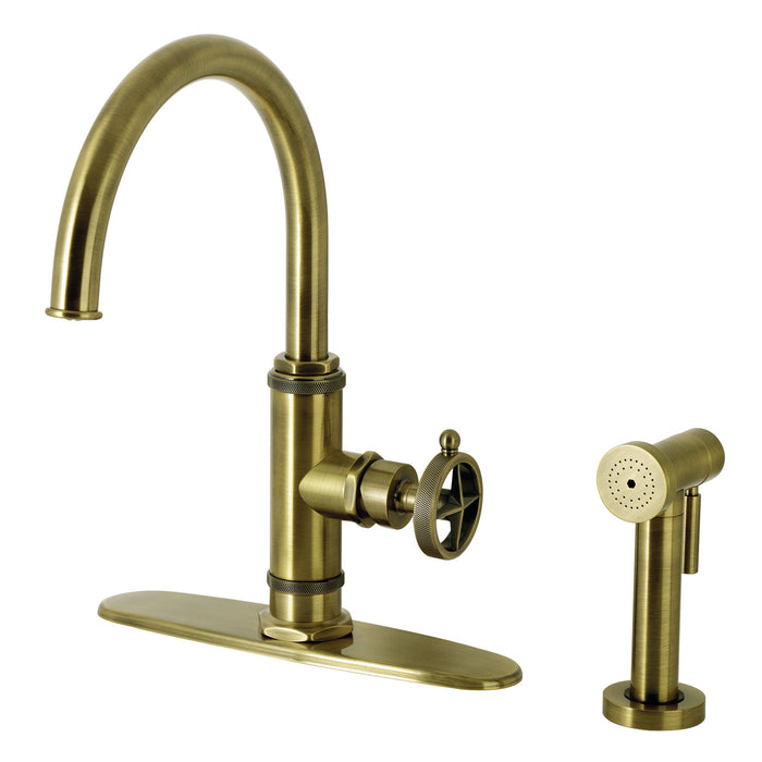 Kingston Sona KSD2433RNK - Levante Single-Handle 2-Hole Deck Mount Kitchen Faucet, Antique Brass