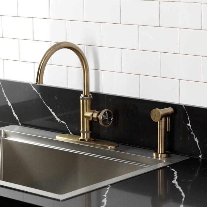 Kingston Sona KSD2433RNX - Ostro Single-Handle 2-Hole Deck Mount Kitchen Faucet, Antique Brass