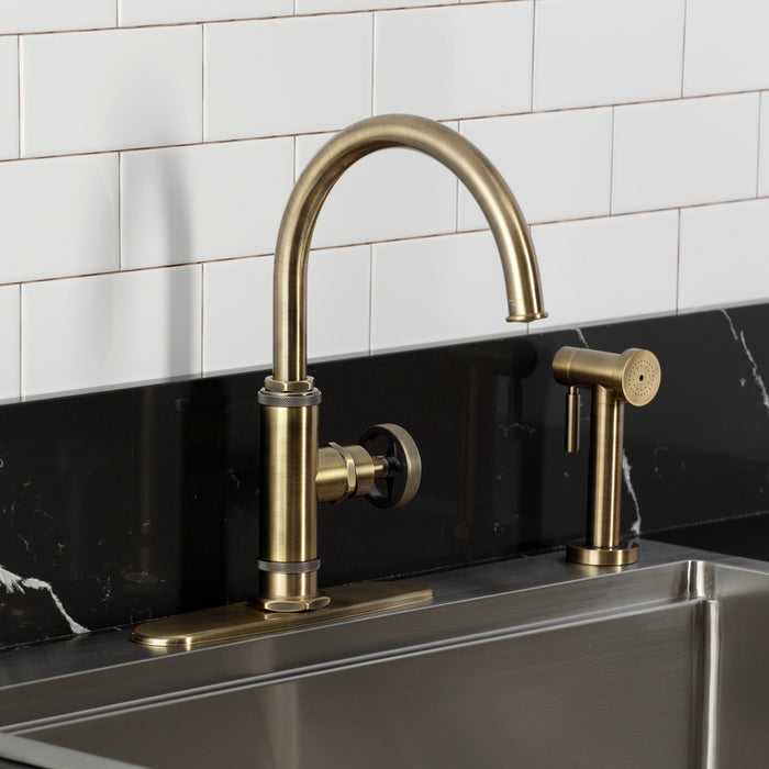 Kingston Sona KSD2433RNX - Ostro Single-Handle 2-Hole Deck Mount Kitchen Faucet, Antique Brass