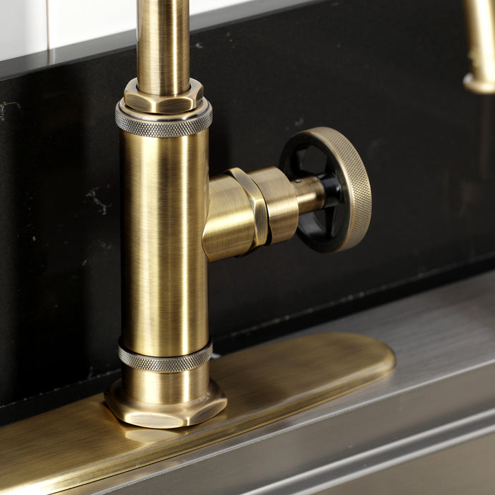 Kingston Sona KSD2433RNX - Ostro Single-Handle 2-Hole Deck Mount Kitchen Faucet, Antique Brass