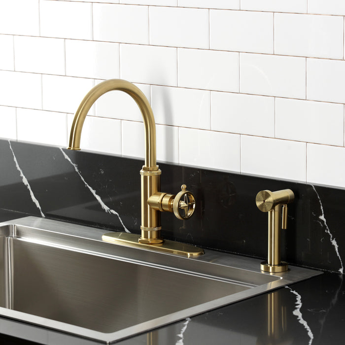 Kingston Sona KSD2437RNK - Levante Single-Handle 2-Hole Deck Mount Kitchen Faucet, Brushed Brass