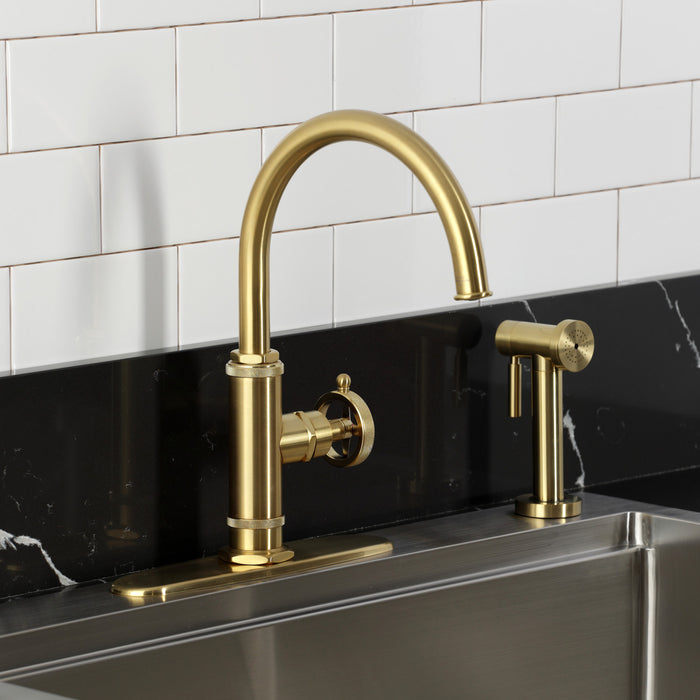 Kingston Sona KSD2437RNK - Levante Single-Handle 2-Hole Deck Mount Kitchen Faucet, Brushed Brass