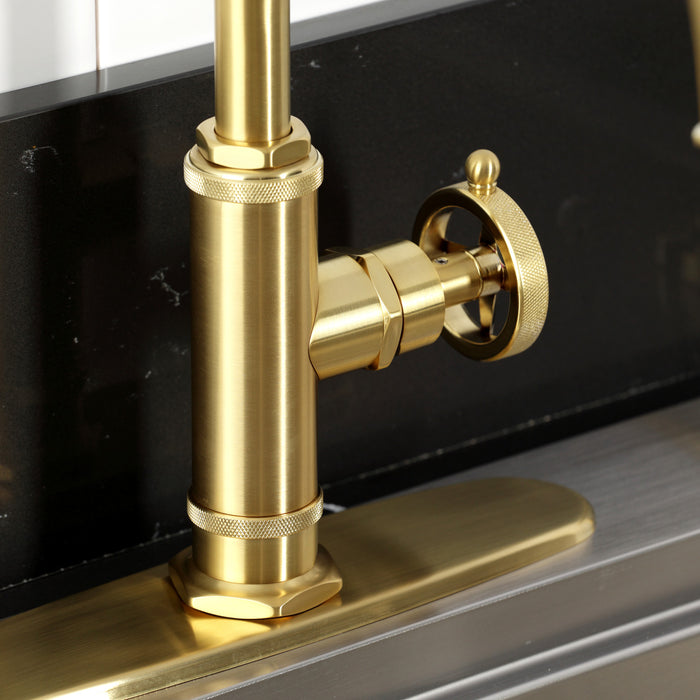 Kingston Sona KSD2437RNK - Levante Single-Handle 2-Hole Deck Mount Kitchen Faucet, Brushed Brass