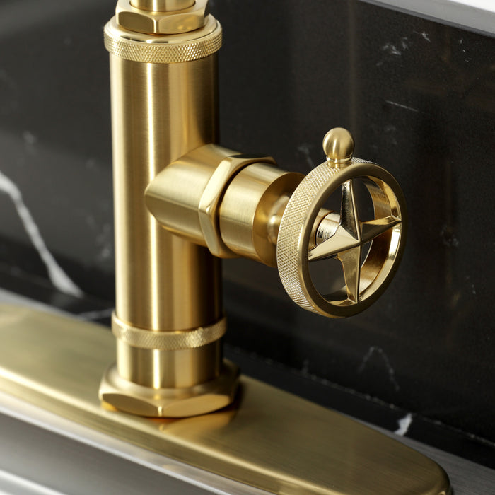 Kingston Sona KSD2437RNK - Levante Single-Handle 2-Hole Deck Mount Kitchen Faucet, Brushed Brass