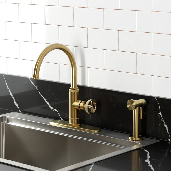 Kingston Sona KSD2437RNX - Ostro Single-Handle 2-Hole Deck Mount Kitchen Faucet, Brushed Brass
