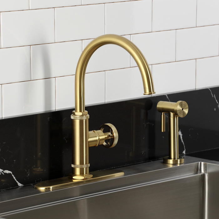 Kingston Sona KSD2437RNX - Ostro Single-Handle 2-Hole Deck Mount Kitchen Faucet, Brushed Brass