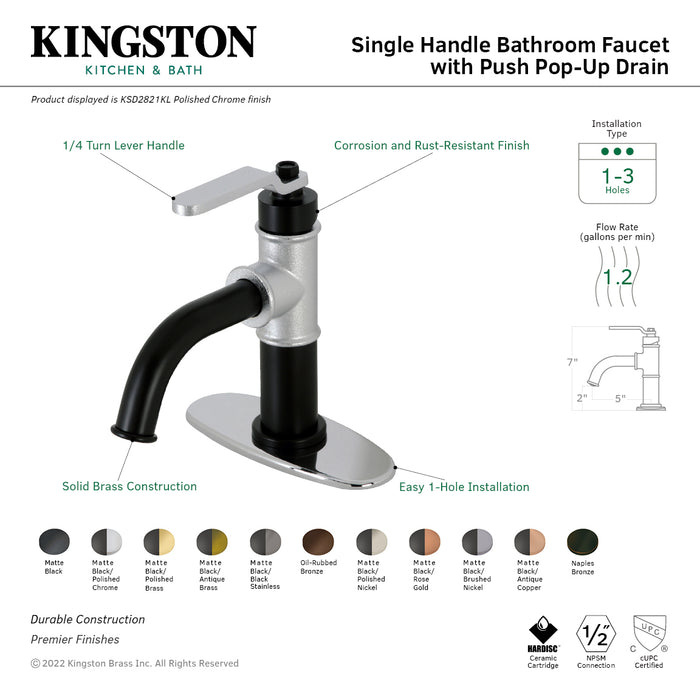 Kingston Sona KSD2820KL - Whitaker One-Handle 1-Hole Bathroom Faucet with Deck Plate and Push Pop-Up Drain, Matte Black