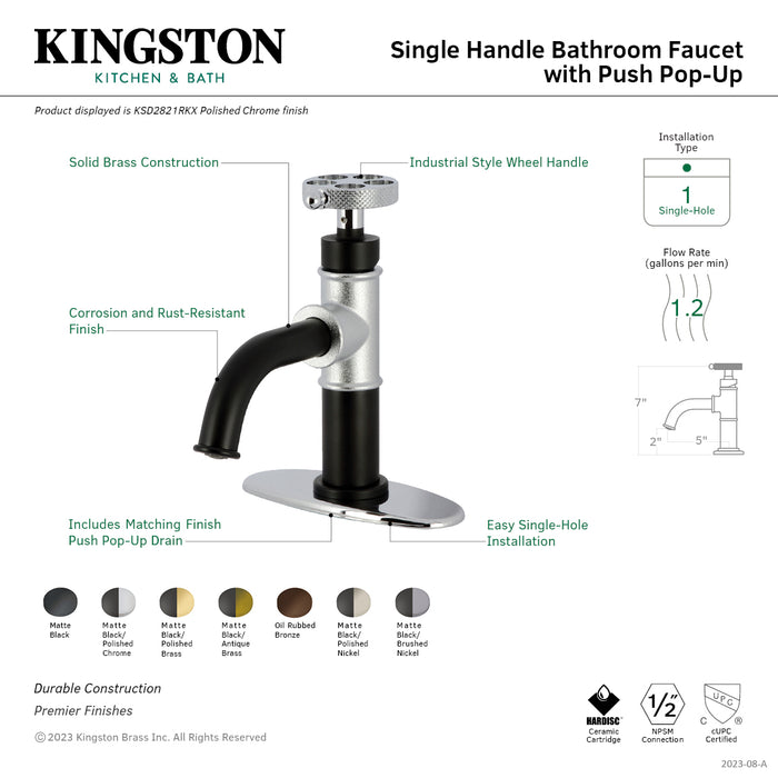 Kingston Sona KSD2820RKX - Webb One-Handle 1-Hole Bathroom Faucet with Knurled Handle, Deck Plate, and Push Pop-Up Drain, Matte Black