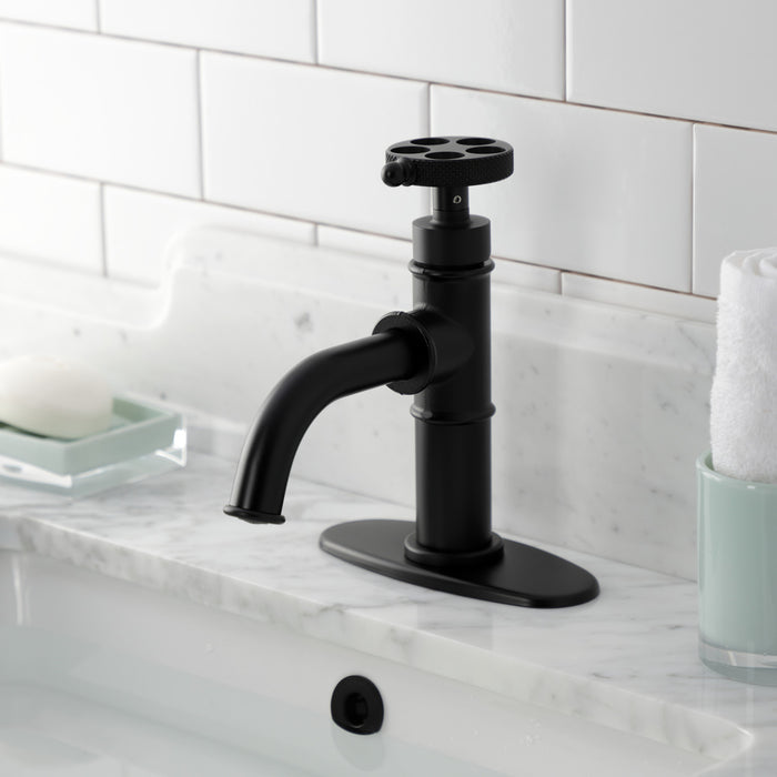 Kingston Sona KSD2820RKX - Webb One-Handle 1-Hole Bathroom Faucet with Knurled Handle, Deck Plate, and Push Pop-Up Drain, Matte Black