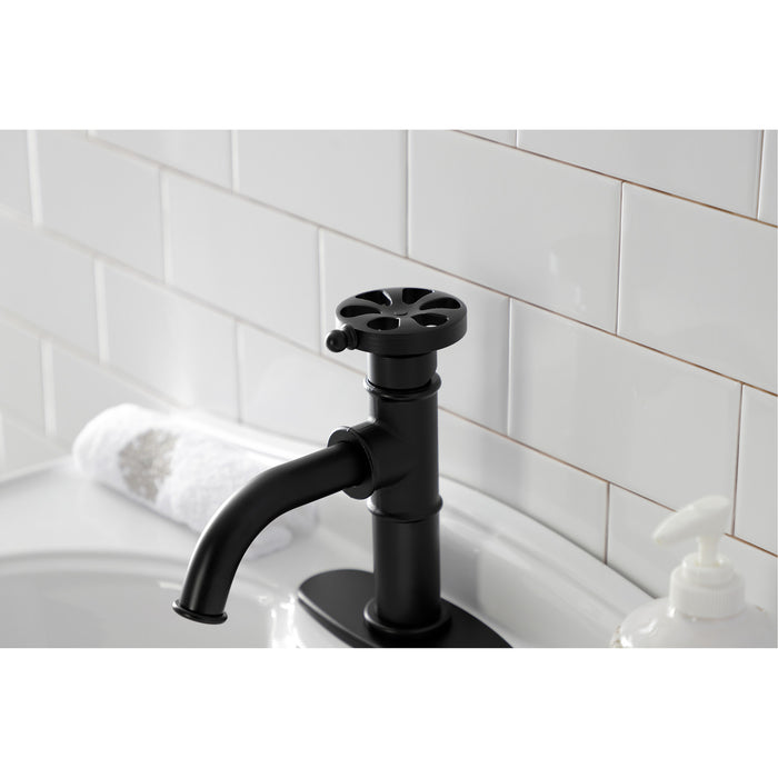 Kingston Sona KSD2820RX - Belknap One-Handle 1-Hole Bathroom Faucet with Deck Plate and Push Pop-Up Drain, Matte Black