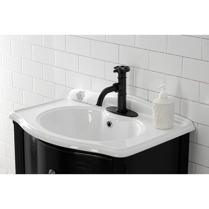 Kingston Sona KSD2820RX - Belknap One-Handle 1-Hole Bathroom Faucet with Deck Plate and Push Pop-Up Drain, Matte Black